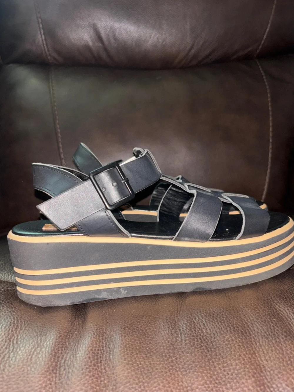 Rocket Dog Black Strappy Platform Sandals with Tan Striped Sole